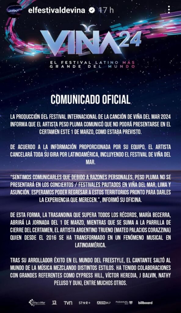 Peso Pluma cancela su presentación en Viña del Mar, lo sustituye el rapero Trueno 2 img 20240223 wa00354996019105581460040