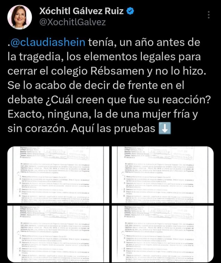 Revelaciones impactantes en el debate presidencial: Xochil Gálvez acusa a Claudia Sheinbaum de indolencia en tragedia del Colegio Rebsamen 2 Xochil Galvez debate
