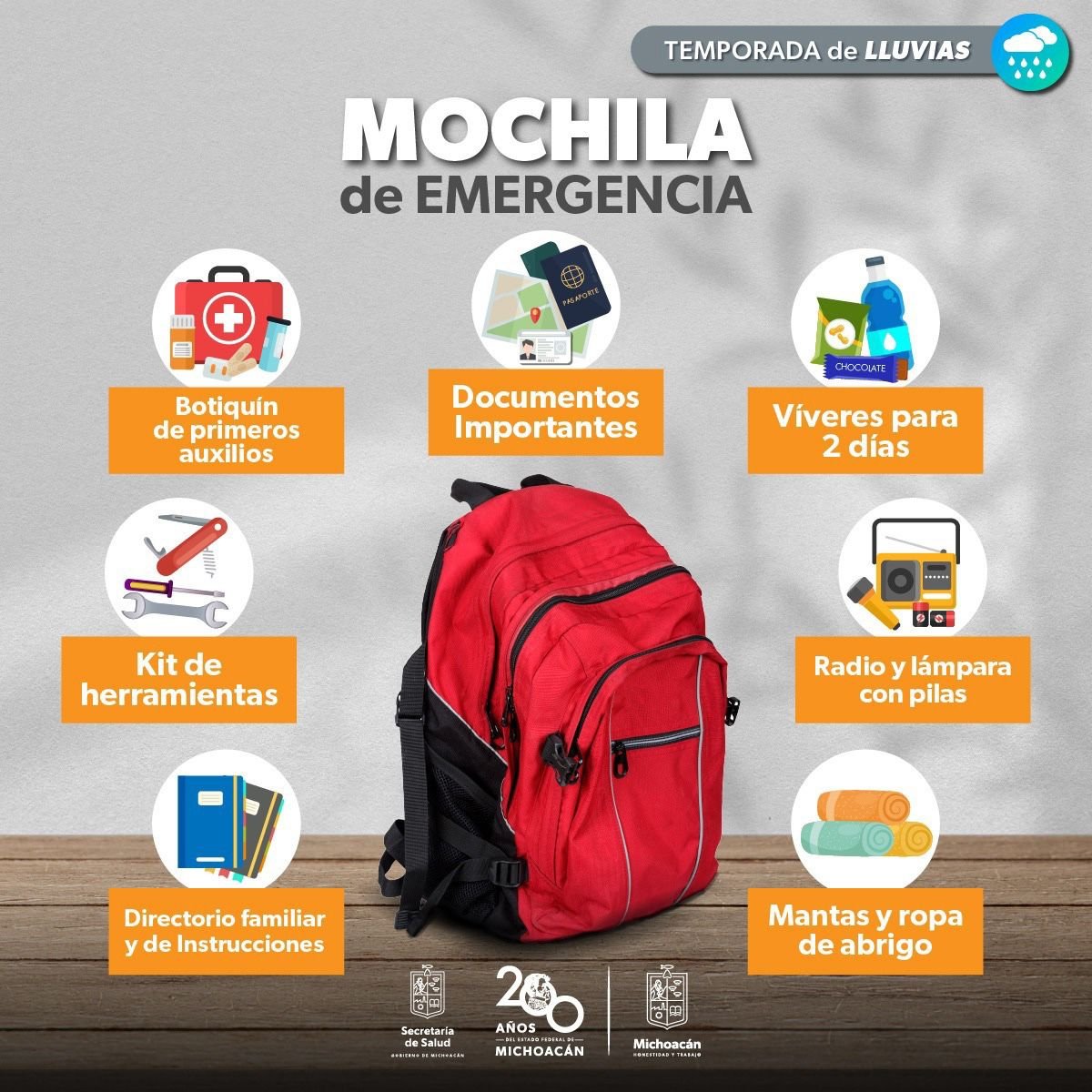 Ten a la Mano una Mochila de Emergencia en Temporada de Lluvias y Huracanes