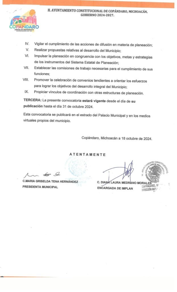Ayuntamiento de Copándaro de Galeana lanza convocatoria para integrar el Consejo de Planeación Municipal 2024-2027 3 Ayuntamiento de Copandaro de Galeana lanza convocatoria para integrar el Consejo de Planeacion Municipal 2024 2027 12