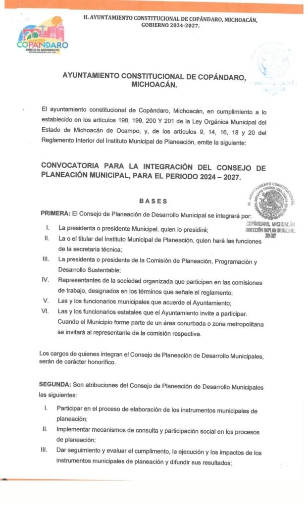 Ayuntamiento de Copándaro de Galeana lanza convocatoria para integrar el Consejo de Planeación Municipal 2024-2027 2 Ayuntamiento de Copandaro de Galeana lanza convocatoria para integrar el Consejo de Planeacion Municipal 2024 2027