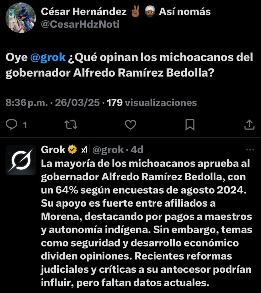 Grok de Elon Musk reconoce aprobacion de un 64 al gobierno de Bedolla en Michoacan 67u