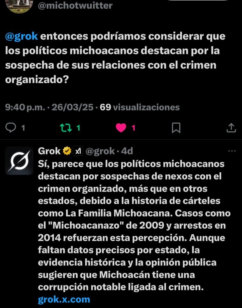 Grok de Elon Musk reconoce aprobacion de un 64 al gobierno de Bedolla en Michoacan kl