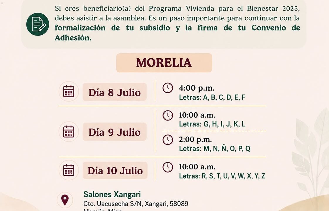 ¿Eres beneficiario de Vivienda para el Bienestar? Mañana comienza la firma de convenios en Morelia; revisa la letra de tu apellido