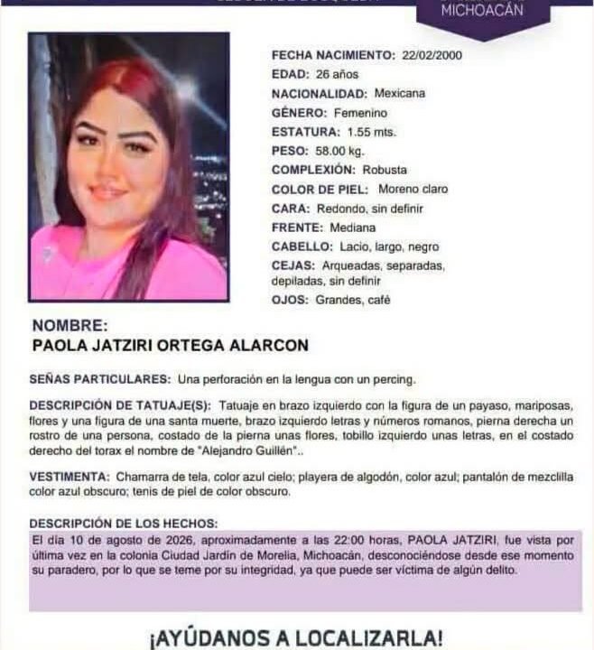 Alerta Alba busca a Paola Jatziri, desaparecida en Morelia desde el 10 de agosto