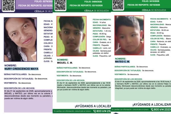 Buscan a dos hermanitos y a su madre desaparecidos en Morelia; fueron vistos en Felipe Carrillo Puerto